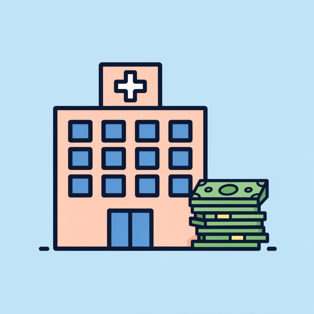 Hospital building with a stack of cash beside it
